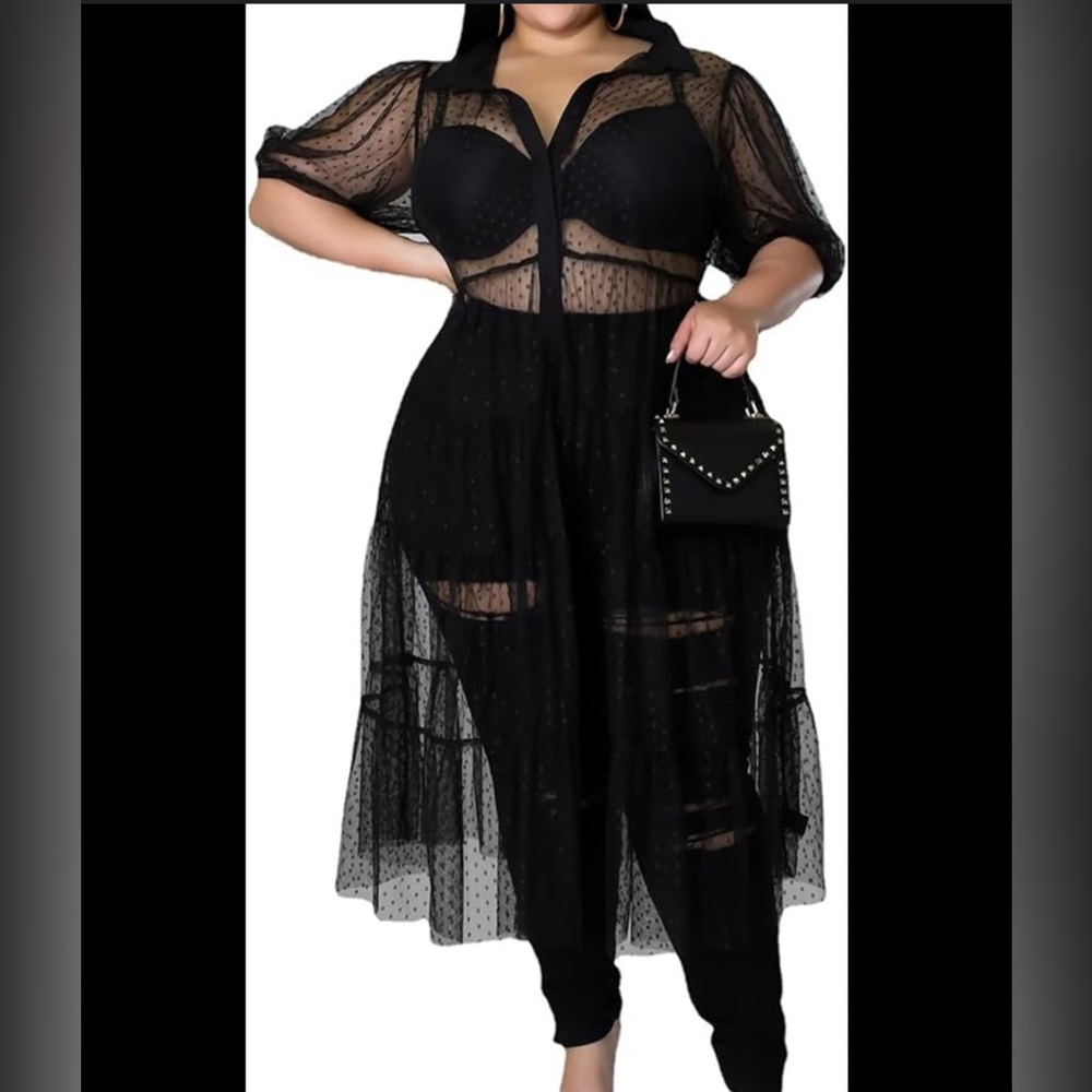 Black Midi Tiered Mesh Dress